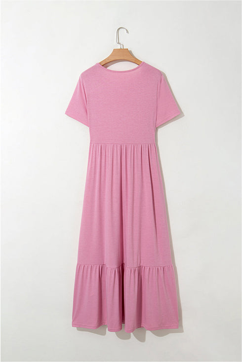 Effortless Solid High Waist Pocketed Short Sleeve Maxi T Shirt Dress